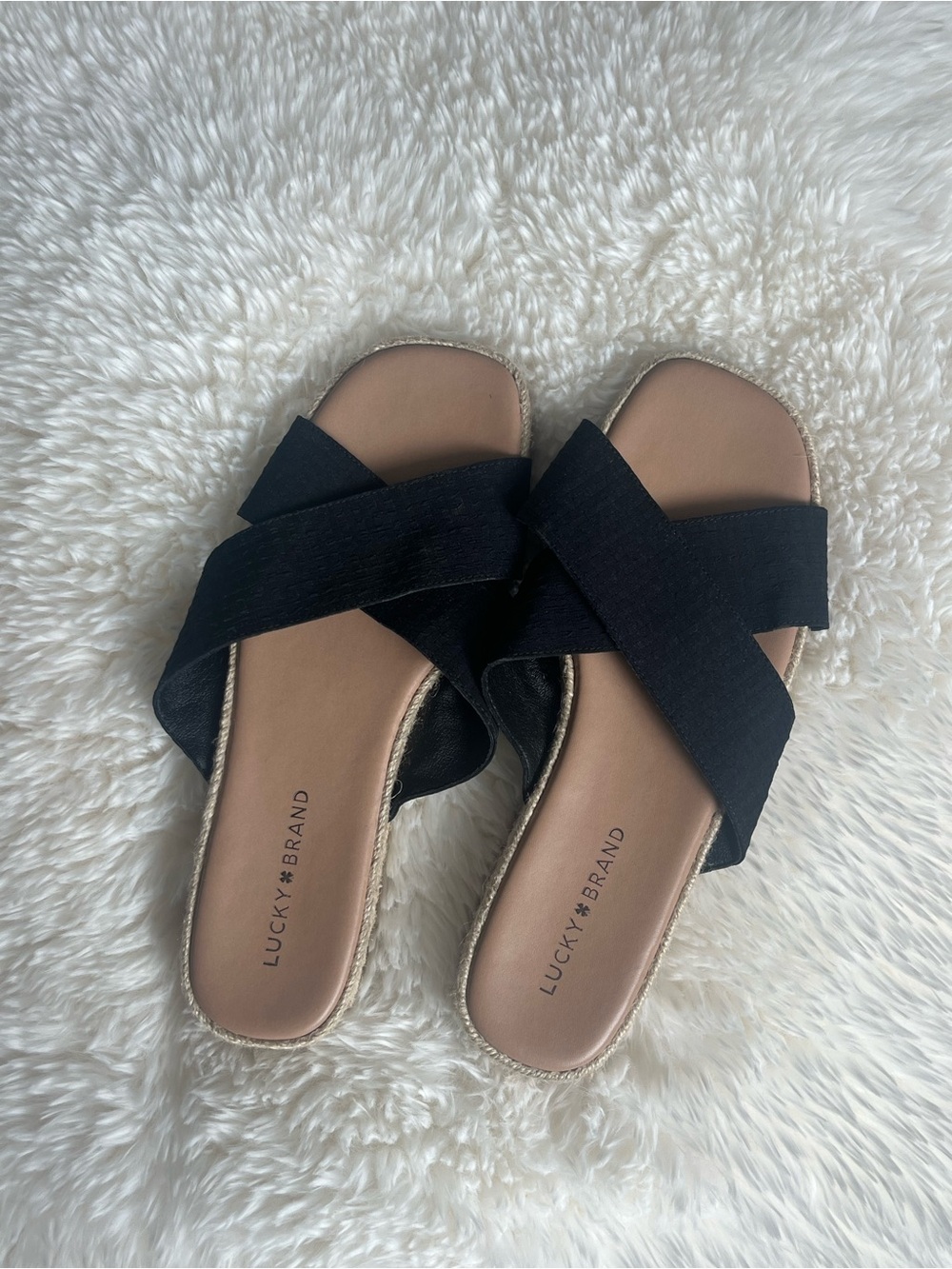 Lucky Brand Black Crossband Slide Sandals with Tan Footbed